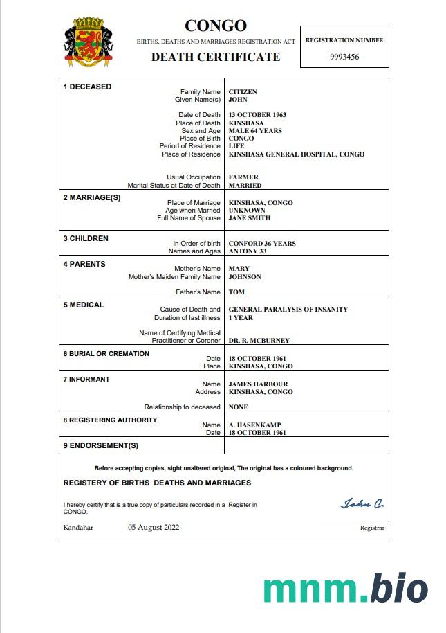 Congo śmierć certyfikat Word i PDF szablon